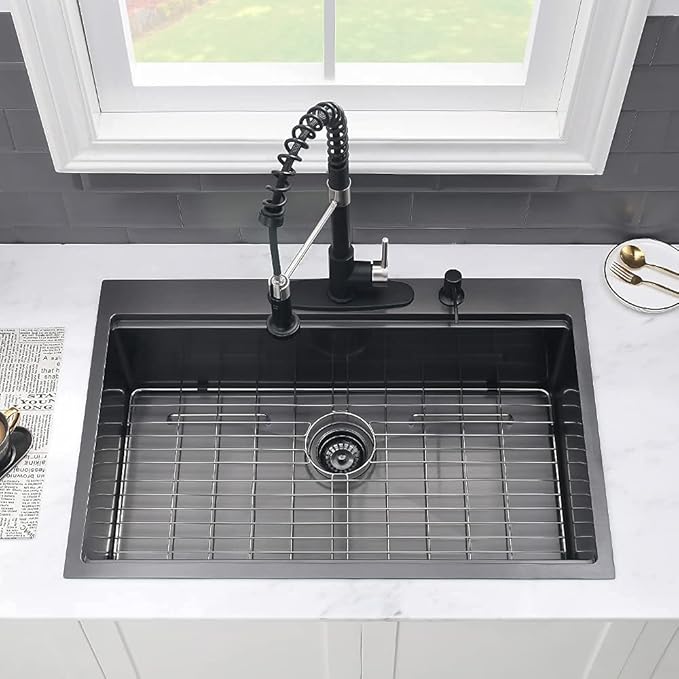 33 Inch Black Drop In Kitchen Sink Workstation-VASOYO 33x22 Kitchen Sink Drop In Black Stainless Steel Top Mount 16 Gauge Deep Single Bowl Overmount Sinks with Cutting Board