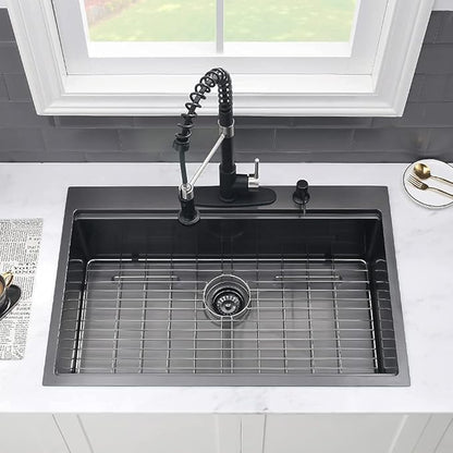 33 Inch Black Drop In Kitchen Sink Workstation-VASOYO 33x22 Kitchen Sink Drop In Black Stainless Steel Top Mount 16 Gauge Deep Single Bowl Overmount Sinks with Cutting Board