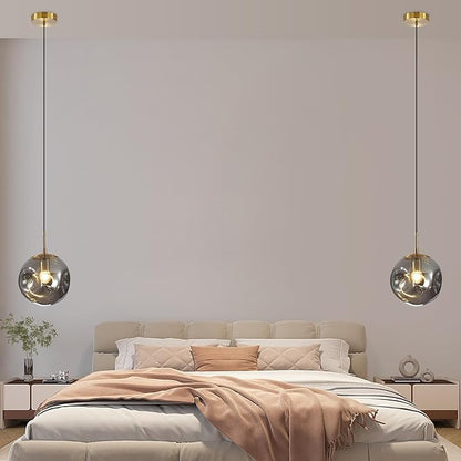 Modern Smoke Gray Concave Glass Pendant Light, 2-Pack Kitchen Island Lighting Single Globe Pendant Light Fixtures Century Kitchen Island Pendant Light for Bedroom Dining Room Light (Without Bulbs)