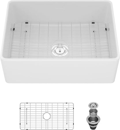 Sarlai 30 White Farmhouse Sink - 30 x 20 Inch Apron Front Kitchen Sink Farm Farmer Sinks White Ceramic Fireclay Single Bowl Basin