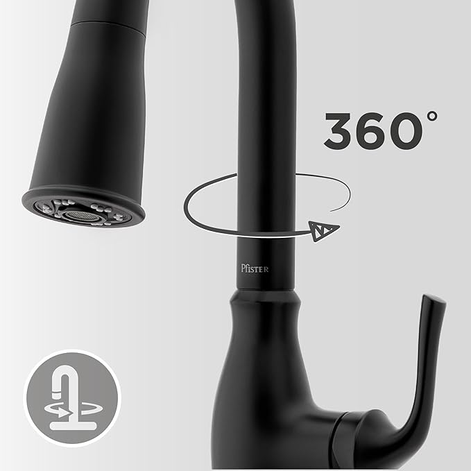Pfister Rosslyn Kitchen Faucet with Pull Down Sprayer and Soap Dispenser, Single Handle, High Arc, NSF Certified, Matte Black Finish, F5297RSSRB
