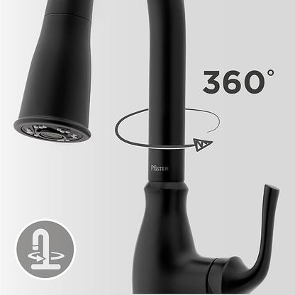 Pfister Rosslyn Kitchen Faucet with Pull Down Sprayer and Soap Dispenser, Single Handle, High Arc, NSF Certified, Matte Black Finish, F5297RSSRB