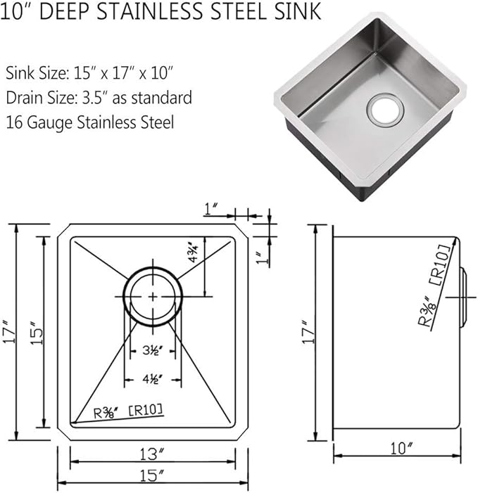 Stainless Steel Undermount Bar Sink, 15 x 17 Inches Small Wet Bar Undermount 16 Gauge SUS304 Brushed Nickel Single Bowl Outdoor Kitchen Sink