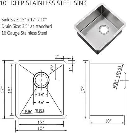 Stainless Steel Undermount Bar Sink, 15 x 17 Inches Small Wet Bar Undermount 16 Gauge SUS304 Brushed Nickel Single Bowl Outdoor Kitchen Sink