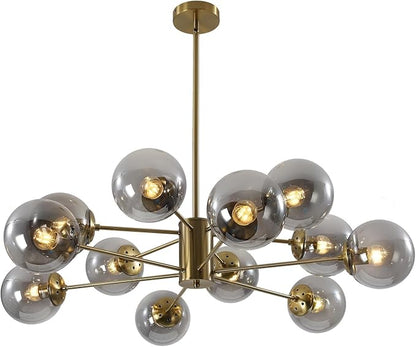 KCO Lighting Modern Large Sputnik Chandelier Gold Sputnik Ceiling Light Fixture 12-Lights Smoke Glass Globe Flush Mount Chandelier Mid Century Round Dining Room Chandelier
