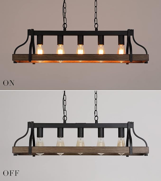 MEIXISUE Rustic Kitchen Island Dining Room Light Fixture Farmhouse Linear Chandelier Black and Retro Wood Finish 5-Light Industrial Metal Hanging Pendant Light UL Listed L33.5 W10.6