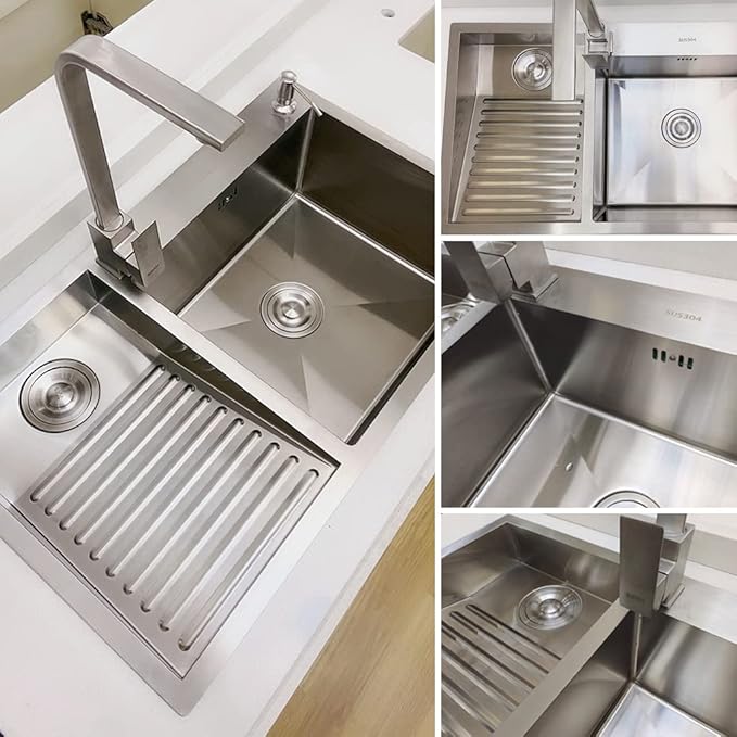 Laundry Utility Sink With Washboard Stainless Steel Kitchen Sink Household Pool Balcony Room Wash Basin Easy Clean Double-Bowl, 700mm/27.5"
