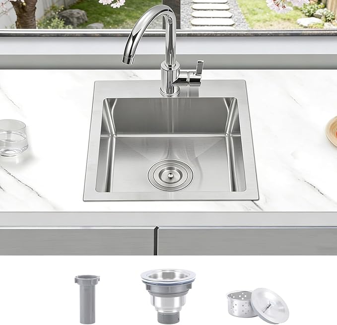 Friho 15 x 17 inch Bar Sink, 15 inch Drop in Wet Bar Sink 16 Gauge Stainless Steel 9 Inch Deep Top Mount Single Bowl Outdoor Rv Sink With Drain