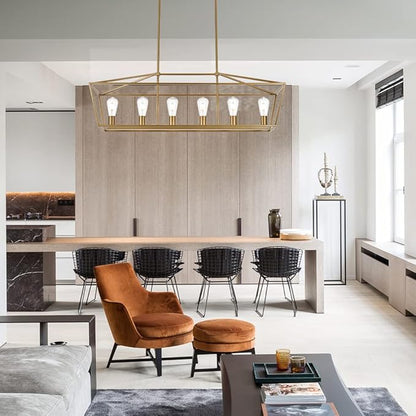 BONLICHT Farmhouse Chandeliers Gold 6 Light Modern Linear Dining Room Pendant Lighting Traditional Rectangular Kitchen Island Lantern Light Fixture Classic Ceiling Light with Adjustable Rods
