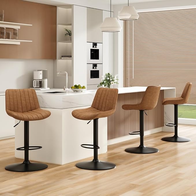 Bar Stools Set of 2, Swivel Adjustable Barstools, with Back Support, PU Leather Counter Height Bar Chairs for Kitchen Island Rustic Barstool, Brown (Brown + PU Leather + Foam-1)