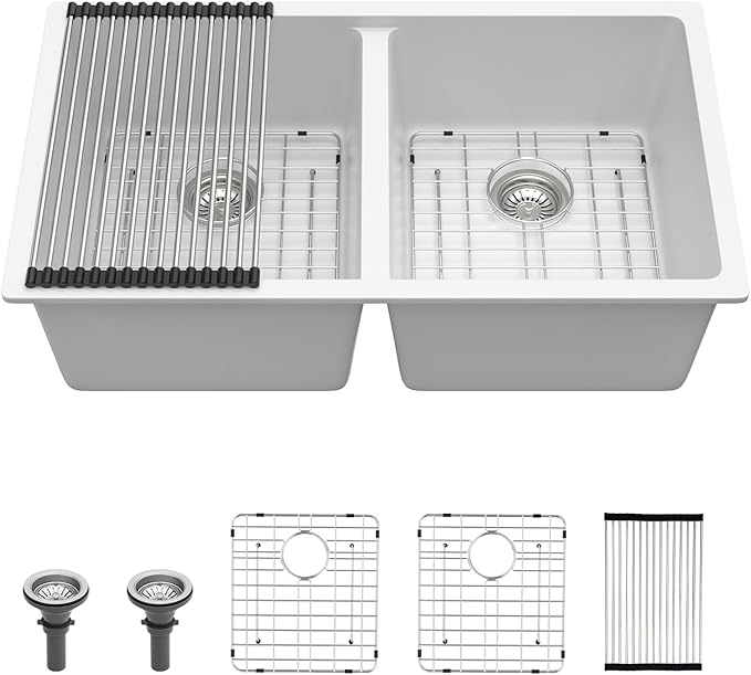 Lordear 33 Inch Granite Composite Kitchen Sink Double Bowl 33"X19" White Undermount 50/50 Quartz Sink With Ledge Classic Under Counter Basin