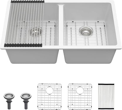 Lordear 33 Inch Granite Composite Kitchen Sink Double Bowl 33"X19" White Undermount 50/50 Quartz Sink With Ledge Classic Under Counter Basin