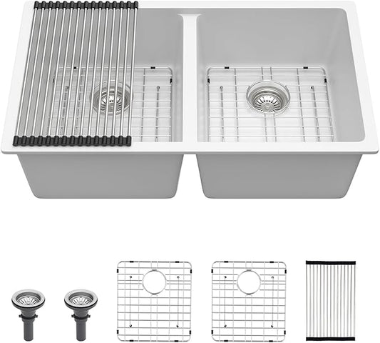 Lordear 33 Inch Granite Composite Kitchen Sink Double Bowl 33"X19" White Undermount 50/50 Quartz Sink With Ledge Classic Under Counter Basin