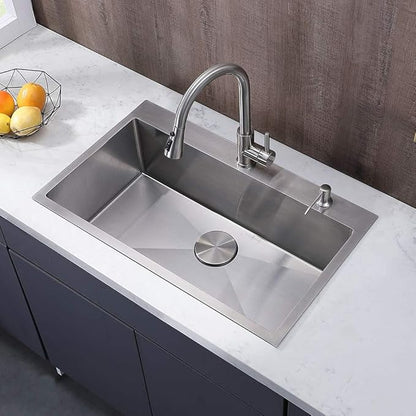 30 inch Drop in Kitchen Sink, Topmount Single Bowl 304 Stainless Steel Handmade Satin Finish Kitchen Sinks with Dish Grid and Strainer