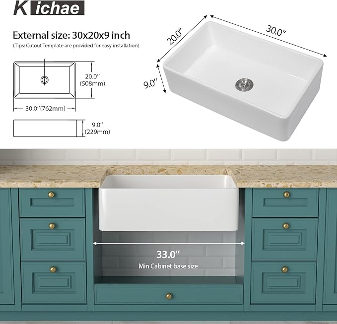 30 Farm Sink White - Kichae 30 x 20 x 9 Inch Farmhouse Kitchen Sink Flat Apron Front White Ceramic Porcelain Fireclay Single Bowl Rectangular Farmer Basin