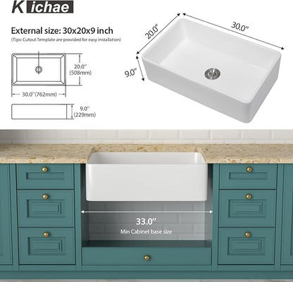 30 Farm Sink White - Kichae 30 x 20 x 9 Inch Farmhouse Kitchen Sink Flat Apron Front White Ceramic Porcelain Fireclay Single Bowl Rectangular Farmer Basin