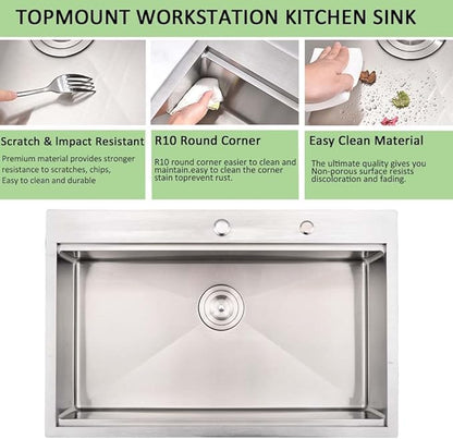 25 Inch Kitchen Sink Drop In Worktation -Wesliv 25x20 Inch Top Mount Drop In Sinks Stainless Steel 16 Gauge Single Bowl Overmount Kitchen Sink Basin with Cutting Board & Colander