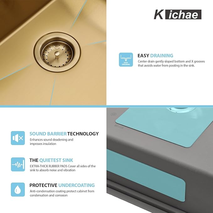 28 Gold Kitchen Sink - Kichae 28"x18" Gold Undermount Kitchen Sink Stainless Steel 16 Gauge Ledge Workstation Single Bowl Deep Round Corner Handmade Basin For Luxury Kitchens