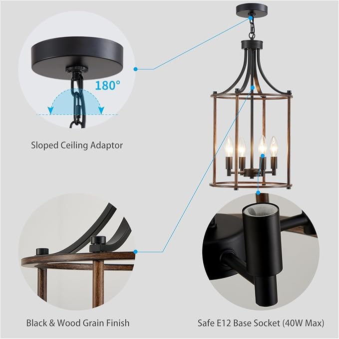 XINGQI Farmhouse Chandeliers for Dining Room,4 Light Hanging Lantern Black Wood Finish Pendant Lighting Fixture for Staircase Foyer Kitchen Island Dinning Room Living Room