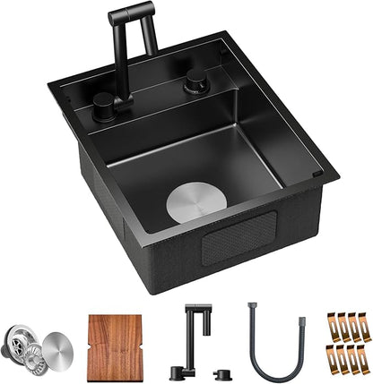 TORVA RV Kitchen Sink, 15 x 18 x 7 Inch Undermount Bar Sink 16 Gauge Stainless Steel Single Bowl Sink with Foldable Faucet Cutting Board, Dark Grey