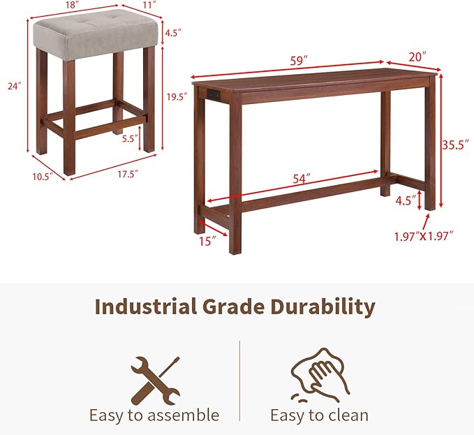LKTART Bar Table and Chairs Set, 4 Piece Counter Height Bar Table Set with Power Outlet and 3 Upholstered Stools, Industrial Breakfast Table for Living Room, Cherry