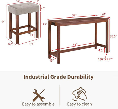 LKTART Bar Table and Chairs Set, 4 Piece Counter Height Bar Table Set with Power Outlet and 3 Upholstered Stools, Industrial Breakfast Table for Living Room, Cherry