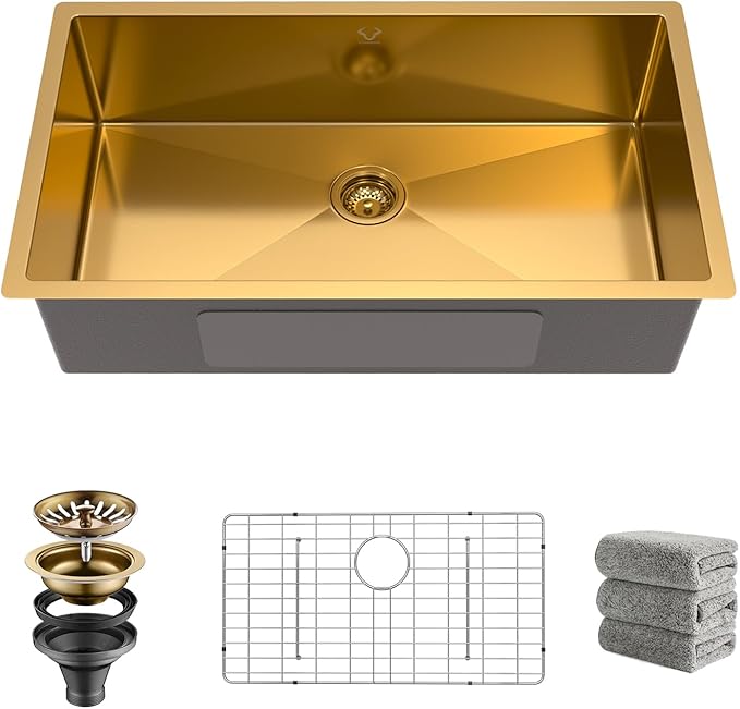 Gold Kitchen Sink 32x18 Inch Undermount Kitchen Sink 16 Gauge Stainless Steel Single Bowl with Accessories Round Corners Handmade