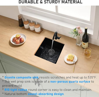 Black Undermount Bar Sink, 13 x 13 Inch Granite Composite Quartz Small Kitchen Sink Wet Bar Single Bowl Deep Basin with Countertop Squeegee Brush Combo