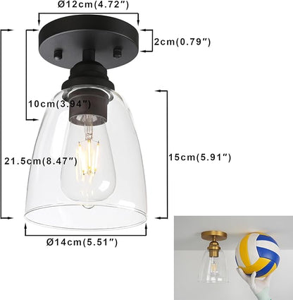 Yosoan Retro Semi Flush Mount Ceiling Light, 1-Light Vintage Industrial Hardwired 5.51'' Oval Cone Glass Shade for Kitchen Bathroom Cafe Corridor Hallway Entryway Passway (Black)