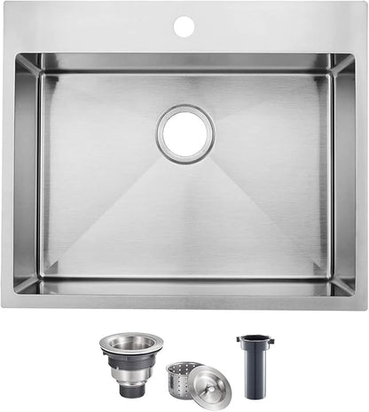 25 Inch Drop In Kitchen Sink, 25x22 Inch Topmount Stainless Steel Single Bowl Bar RV Laundry Utility Outdoor Wet Prep Small Sink with Drain