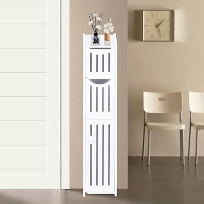 ShellKingdom Toilet Paper Holder Stand, Bathroom Storage Cabinet with Doors and Shelves, Slim Storage Cabinet for Bathroom Small Spaces Corner Shelf Organizer - White