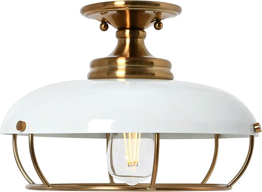 Presley Caged Dome Metal Semi-Flush Mount Ceiling Light, Brushed Brass and White