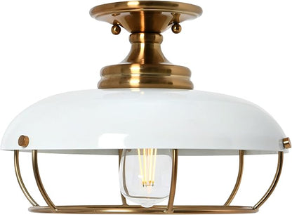 Presley Caged Dome Metal Semi-Flush Mount Ceiling Light, Brushed Brass and White