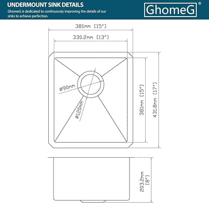 15 Undermount Kitchen Sink 15"x17"x8" Single Bowl 16 Gauge Stainless Steel Under Counter Single Bowl Kitchen Sinks Basin with Drain Strainer