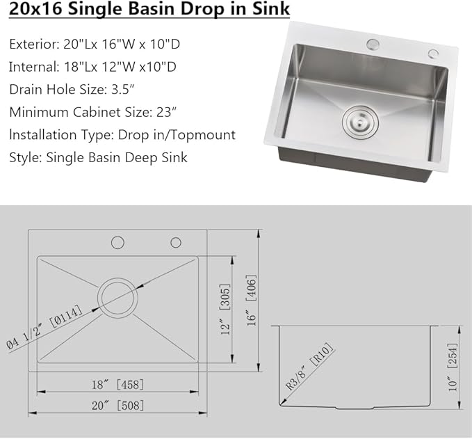 20" x 16" Kitchen Sink Drop In-Jshozzy Drop In Small Sink For Kitchen Stainless Sink Single Bowl Topmount Deep Sink Stainless Steel