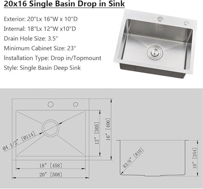 20" x 16" Kitchen Sink Drop In-Jshozzy Drop In Small Sink For Kitchen Stainless Sink Single Bowl Topmount Deep Sink Stainless Steel