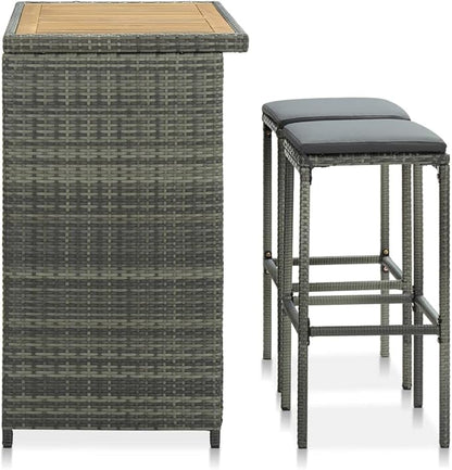 3-Piece Indoor Bar Table Set with Stools, Gray PE Rattan Bistro Set for Kitchen Dining Room, Steel Frame and Acacia Wood Tabletop, Space-Saving Furniture for Small Spaces