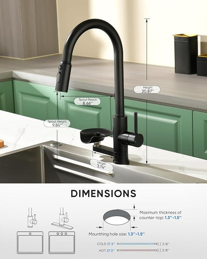 OWOFAN Kitchen Faucet with Cup Washer Pull Down Sprayer Stainless Steel Kitchen Sink Faucet with Deck Plate Glass Rinser Single Hole Black
