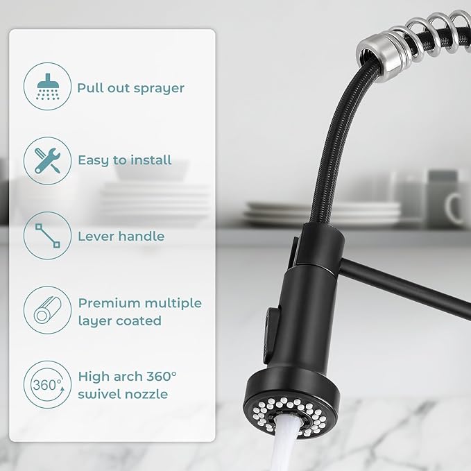 Kitchen Faucet with Pull Down Sprayer,Commercial Single Handle Stainless Steel Kitchen Faucets with Deck Plate (Black&Brush Nickel)