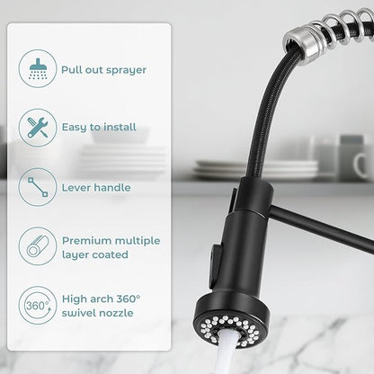 Kitchen Faucet with Pull Down Sprayer,Commercial Single Handle Stainless Steel Kitchen Faucets with Deck Plate (Black&Brush Nickel)