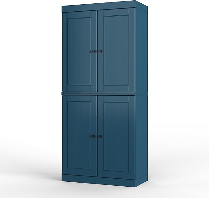 Palace Imports Solid Kitchen Pantry Cabinet - 71.5" h x 32" Tall Storage Cabinet - Teal Blue, Adjustable Shelves & 2-Drawer Kit, 100% Renewable Eco-Friendly Wood, Made in Brazil