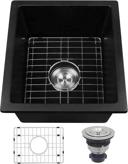 Black Bar Sink 13 x 15 Inch, Matte Black Granite Composite Undermount Kitchen Sinks, 13'' x 15'' Quartz Stone Small Kitchen Sinks With Sink Drain Assembly and Sink Bottom Grid