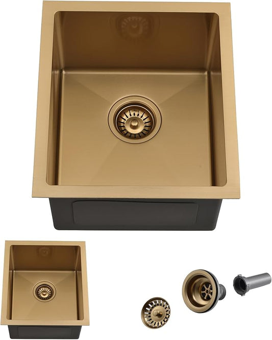 14 Inch Gold Bar Sink Undermount,14x19 Gold Bar Sink Undermount Small Stainless Steel Kitchen Sinks 18 Gauge Single Bowl Kitchen Prep Sinks with Drain Strainer