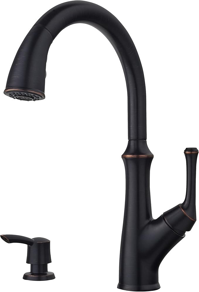Pfister Tamera Kitchen Faucet with Pull Down Sprayer and Soap Dispenser, Single Handle, High Arc, Tuscan Bronze Finish, F5297TAY