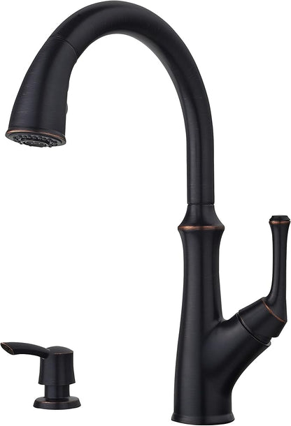 Pfister Tamera Kitchen Faucet with Pull Down Sprayer and Soap Dispenser, Single Handle, High Arc, Tuscan Bronze Finish, F5297TAY
