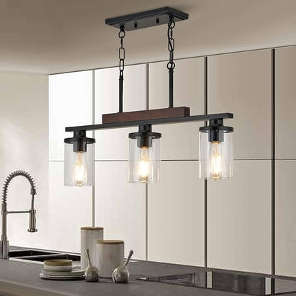Wood Island Light for Kitchen/Restaurant,3-Light Farmhouse Dining Room Fixture/Chandelier Over Table/Bar,Matte Black Industrial Linear Pendant Lighting Fixtures Ceiling Hanging with Glass Shade-E26