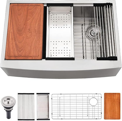 33 Inch Farmhouse Sink For Kitchen, 33x22 Inch Stainless Steel Farm Sink Undermount Apron Front 16 Gauge Single Bowl Workstation Kitchen Sink