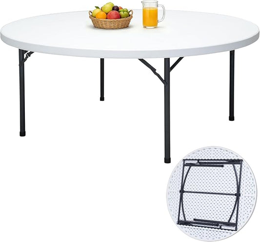 60" Folding Round Table, Plastic Dinner Table, Portable Folding Banquet Table for Living Room, Party or Outdoor Event, White
