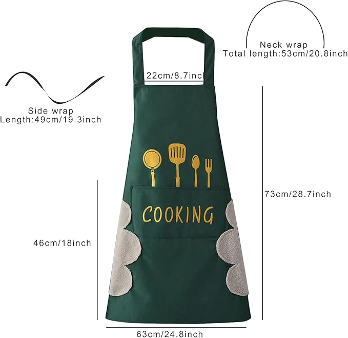 DILLMAN Women Kitchen Apron with Hand Wipe Pockets，Big Pocket,Hand-wiping, Waterproof for Cooking Baking