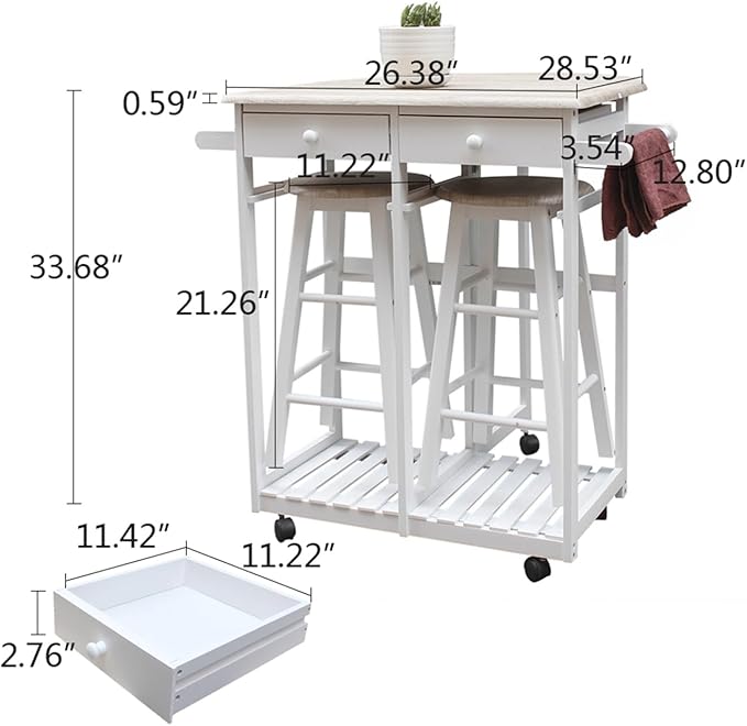 JINS&VICO Folding Dining Cart with 2 Round Stools, Kitchen Islands Carts with Semicircle Desktop and Wheels, Square Solid Wood Leaf Dining Table with 2 Drawers and Towel Rack